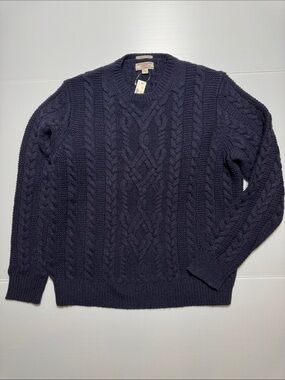 WALLACE & BARNES NWT Shetland Wool Men’s Cable Knit Fisherman Sweater Navy XL